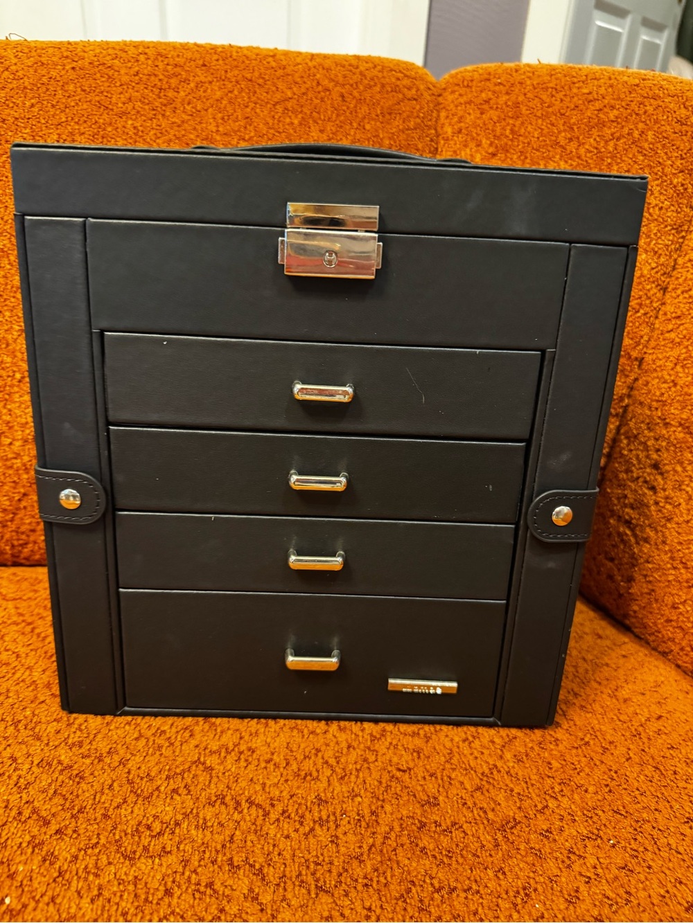 Black Jewelry Organizer Box with Drawers and Lock